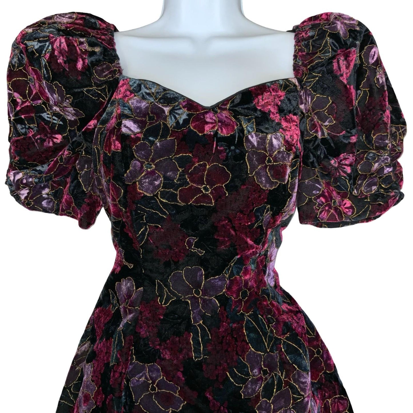 Vtg 80s 'Paris Sport Club' Velvet Purple Black Floral Puff Sleeve Mini Dress 10