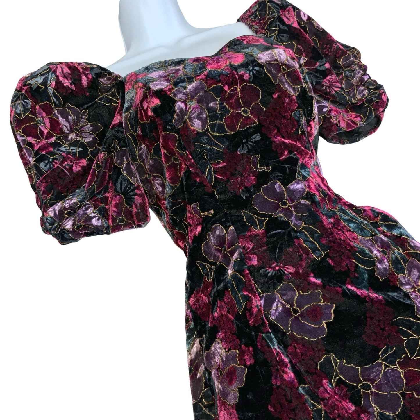 Vtg 80s 'Paris Sport Club' Velvet Purple Black Floral Puff Sleeve Mini Dress 10