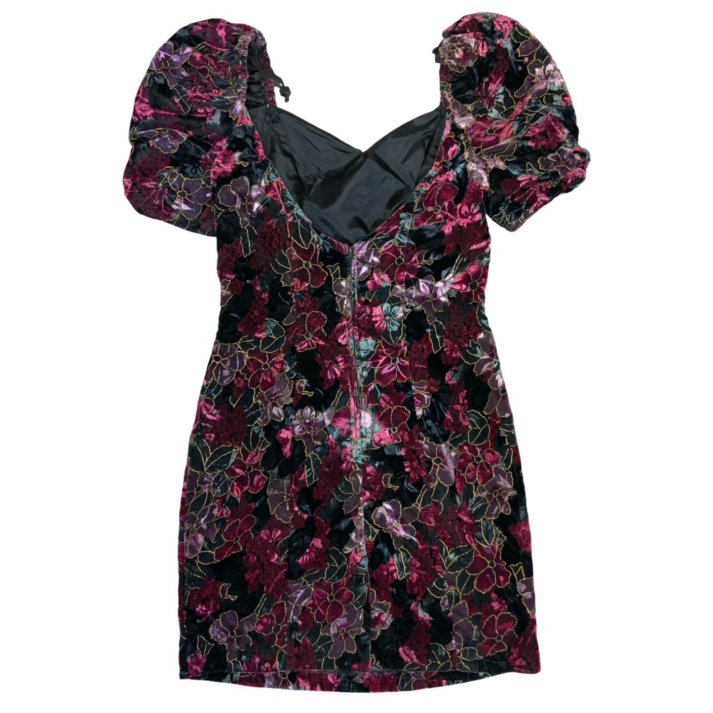 Vtg 80s 'Paris Sport Club' Velvet Purple Black Floral Puff Sleeve Mini Dress 10