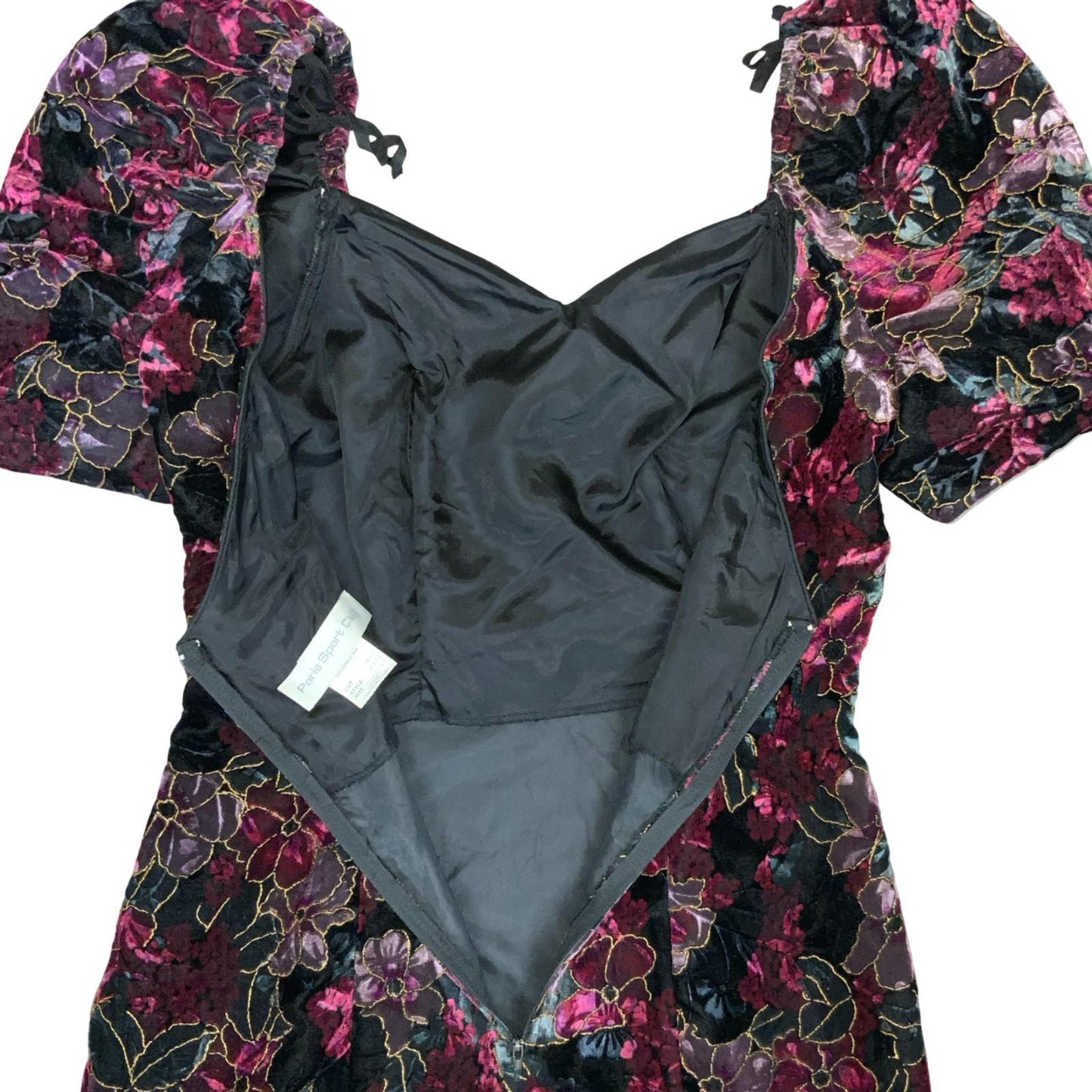 Vtg 80s 'Paris Sport Club' Velvet Purple Black Floral Puff Sleeve Mini Dress 10
