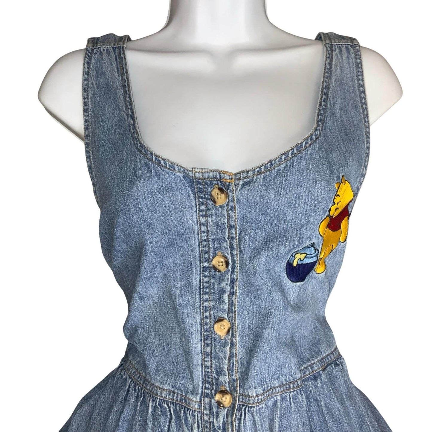 90s Y2K 'The Disney Store' Blue Winnie the Pooh Embroidered Denim Dress UK 10/12