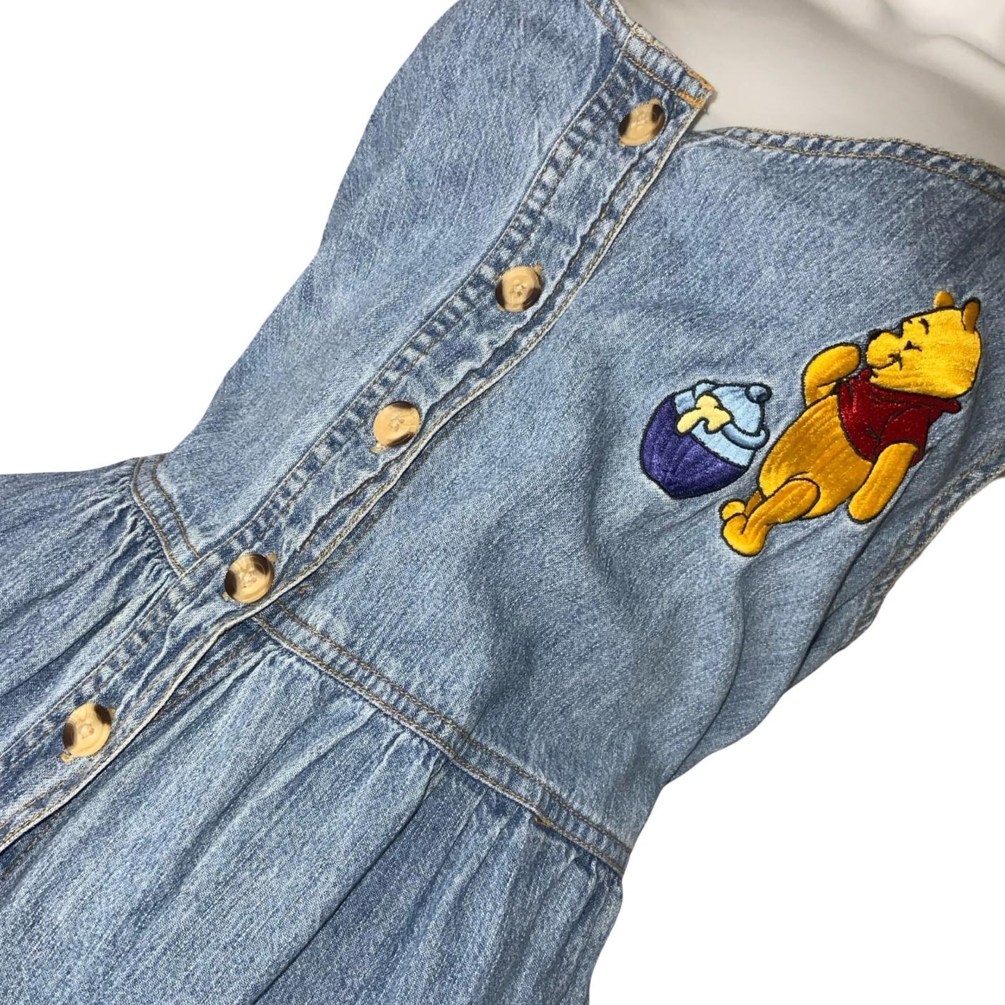 90s Y2K 'The Disney Store' Blue Winnie the Pooh Embroidered Denim Dress UK 10/12