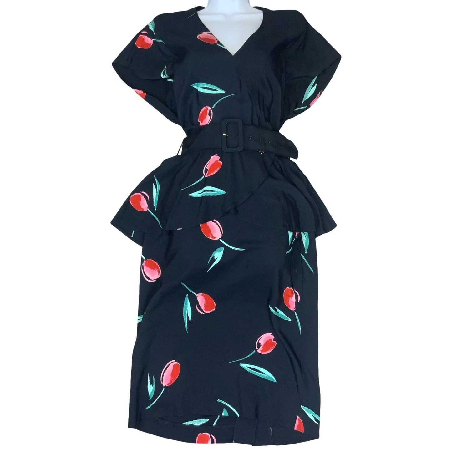 Vtg 80s 'Gila Grunert Creation' Black Red Tulip Wrap-Style Belted Midi Dress 12