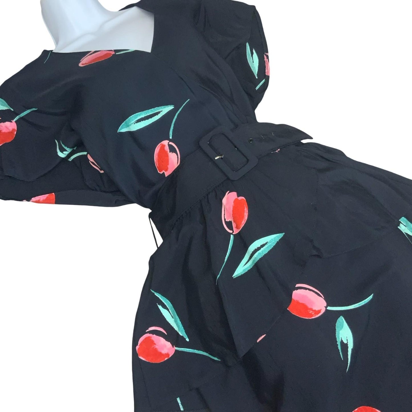 Vtg 80s 'Gila Grunert Creation' Black Red Tulip Wrap-Style Belted Midi Dress 12