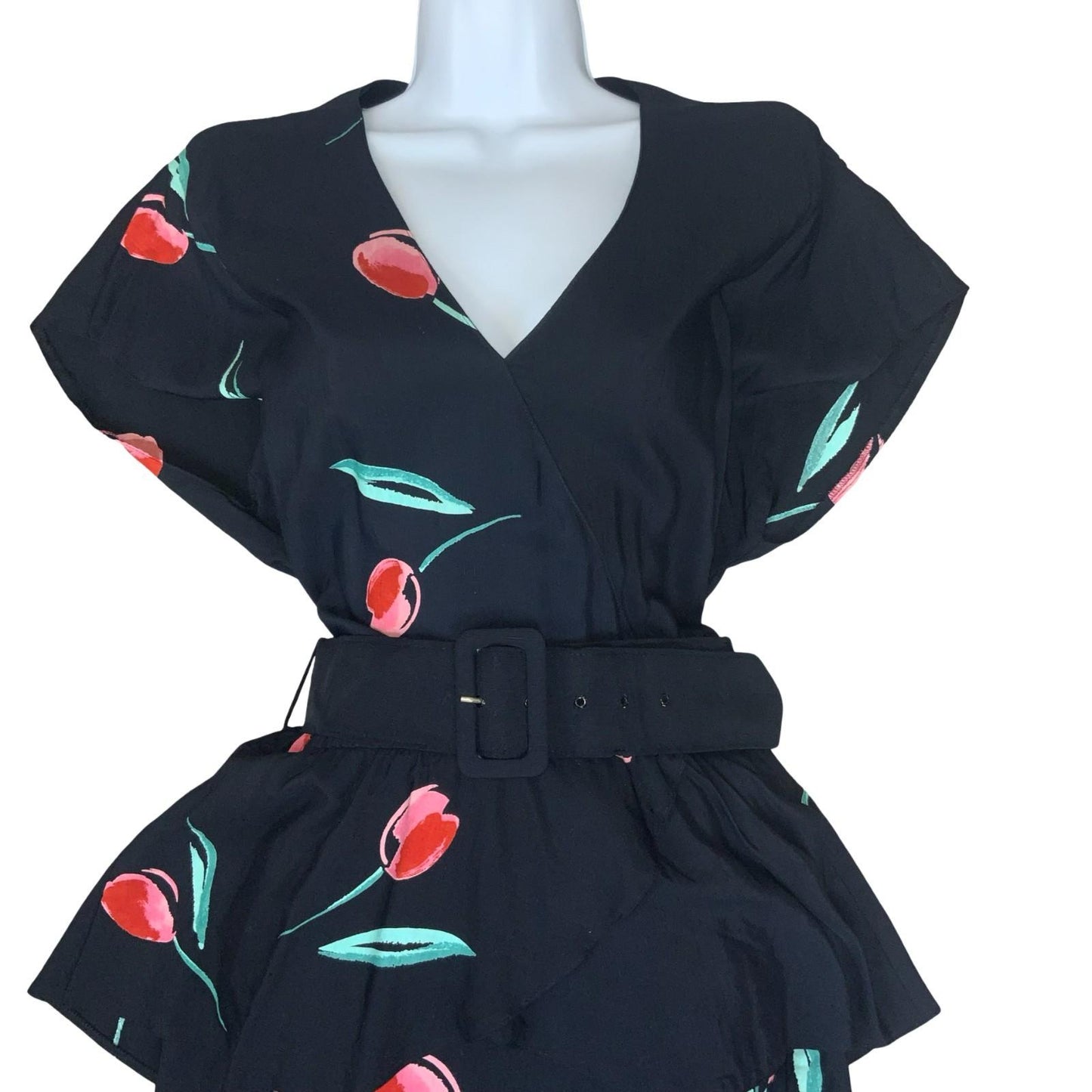 Vtg 80s 'Gila Grunert Creation' Black Red Tulip Wrap-Style Belted Midi Dress 12