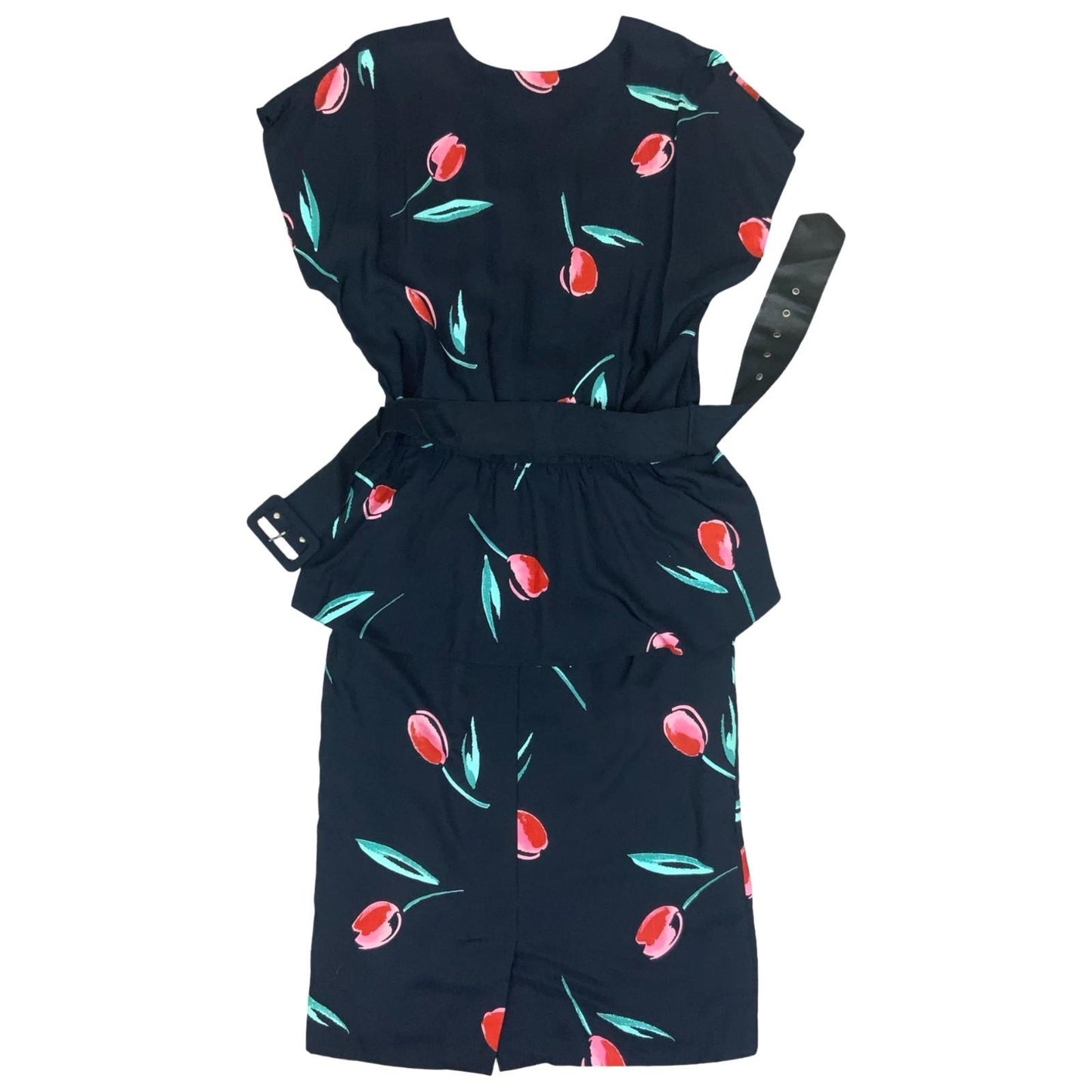 Vtg 80s 'Gila Grunert Creation' Black Red Tulip Wrap-Style Belted Midi Dress 12