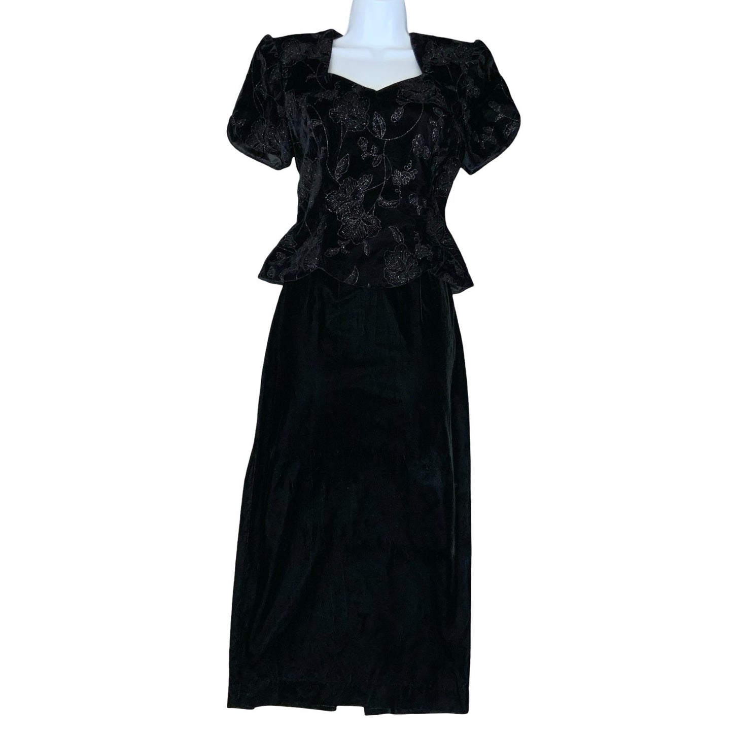 VTG 80s 'Scott McClintock' Designer Black Cocktail Floral Velvet Peplum Dress S