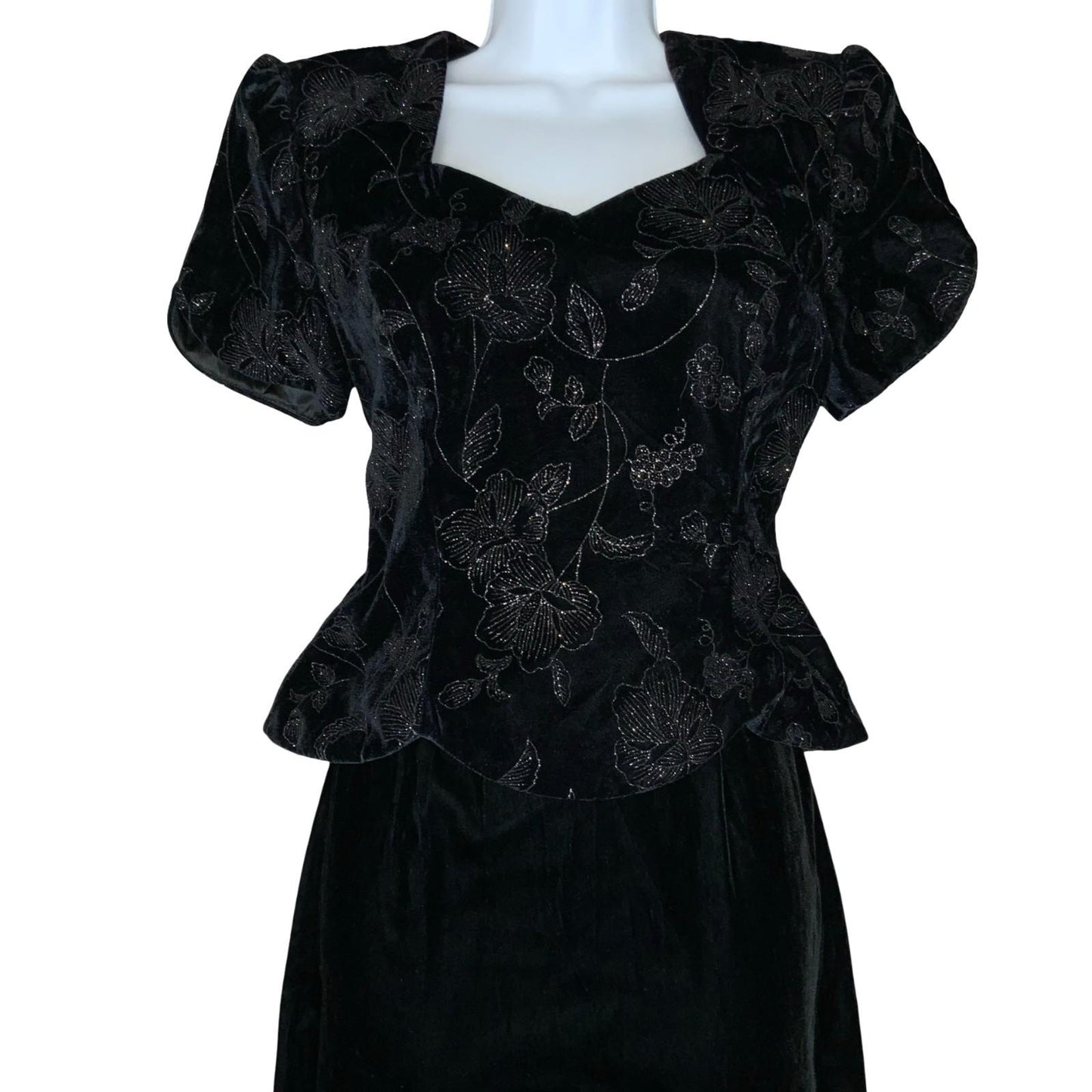 VTG 80s 'Scott McClintock' Designer Black Cocktail Floral Velvet Peplum Dress S