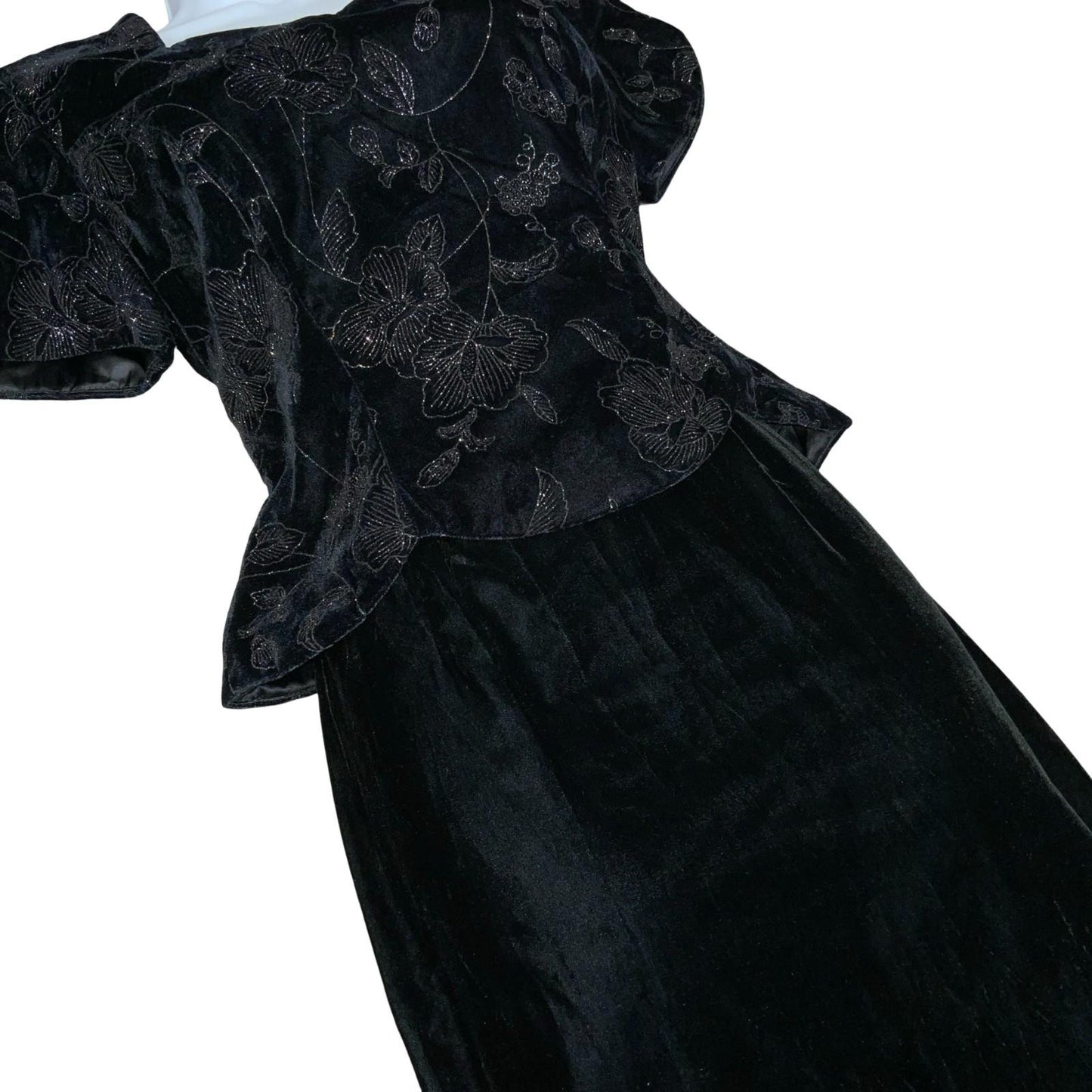 VTG 80s 'Scott McClintock' Designer Black Cocktail Floral Velvet Peplum Dress S