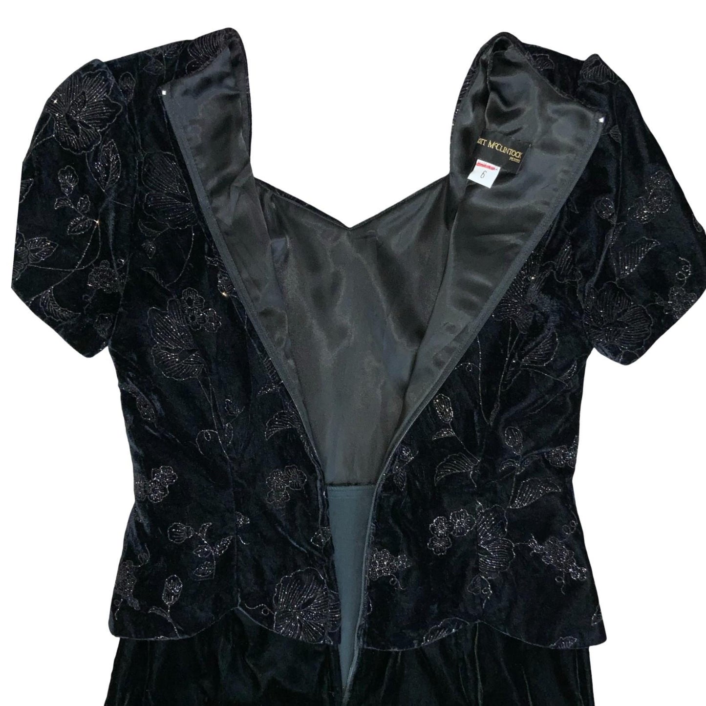 VTG 80s 'Scott McClintock' Designer Black Cocktail Floral Velvet Peplum Dress S