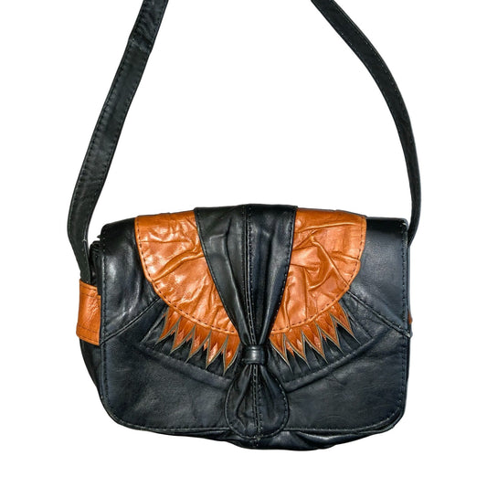 Vtg Black Orange Abstract Crossbody Shoulder Rectangular Leather Handbag