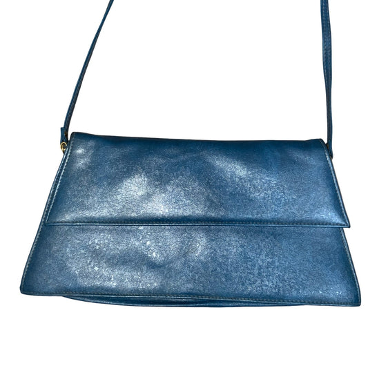 Vtg 80s Blue Leather Glam Asymmetric Textured Statement Bold Shoulder Handbag