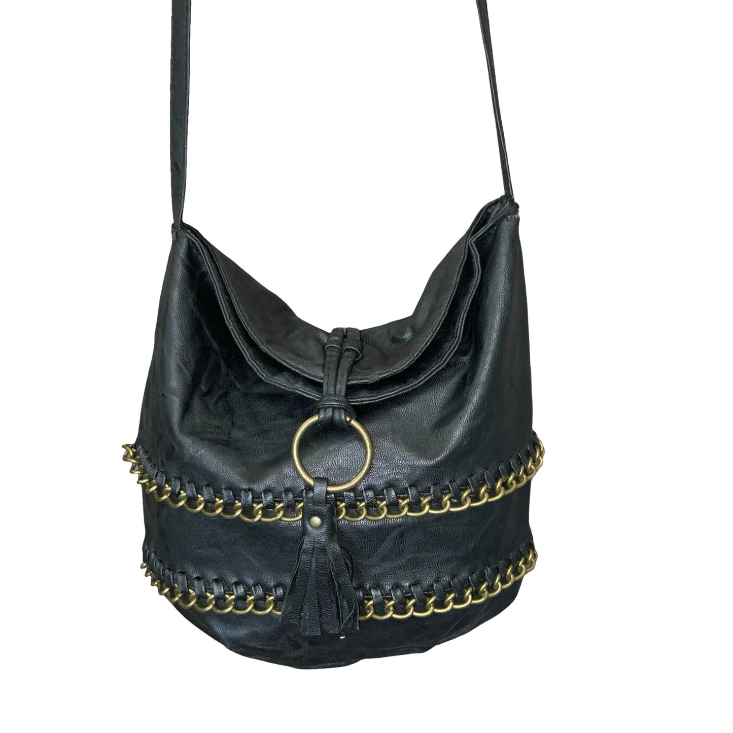 Vtg 90s Black Gold Chain Slouch-Style Tassel Hobo Crossbody Shoulder Handbag