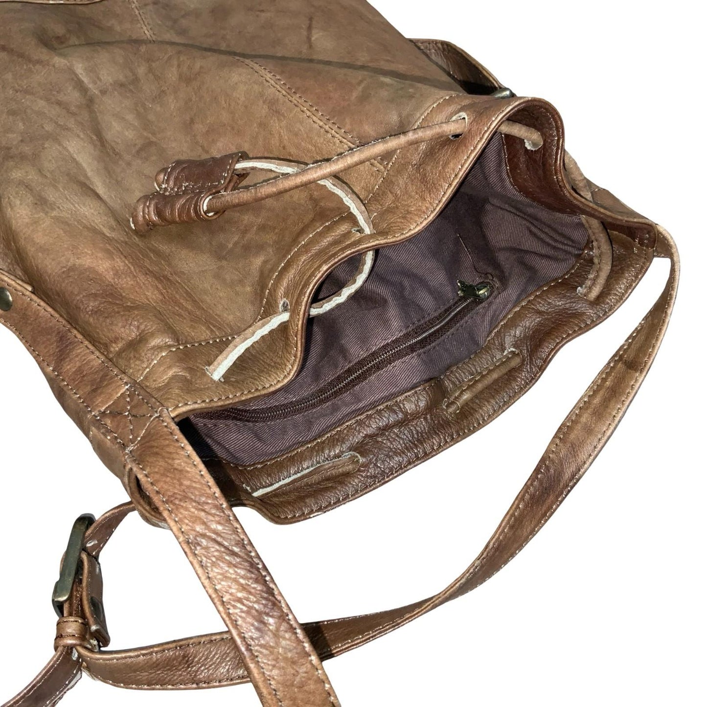 Vtg 90s Brown Leather Bohemian Casual Drawstring Crossbody Shoulder Bucket Bag