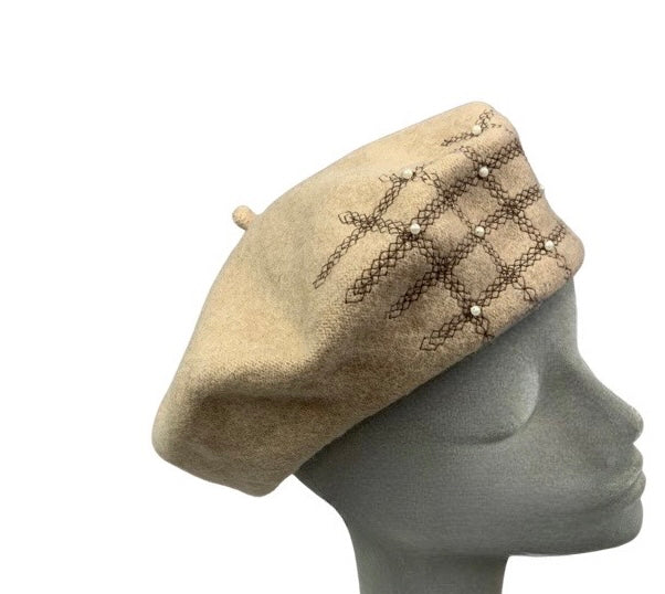 Vintage Beige Stitched Pearl Beret