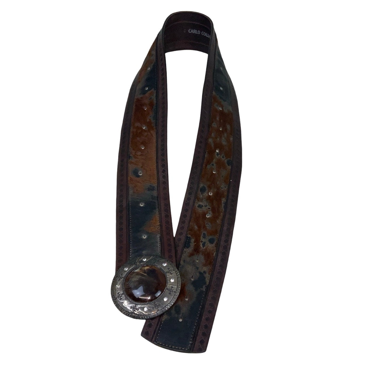 Vintage 70s 80s ‘Carl Colucci’ Brown Leather Cow Print Stud Buckle Belt