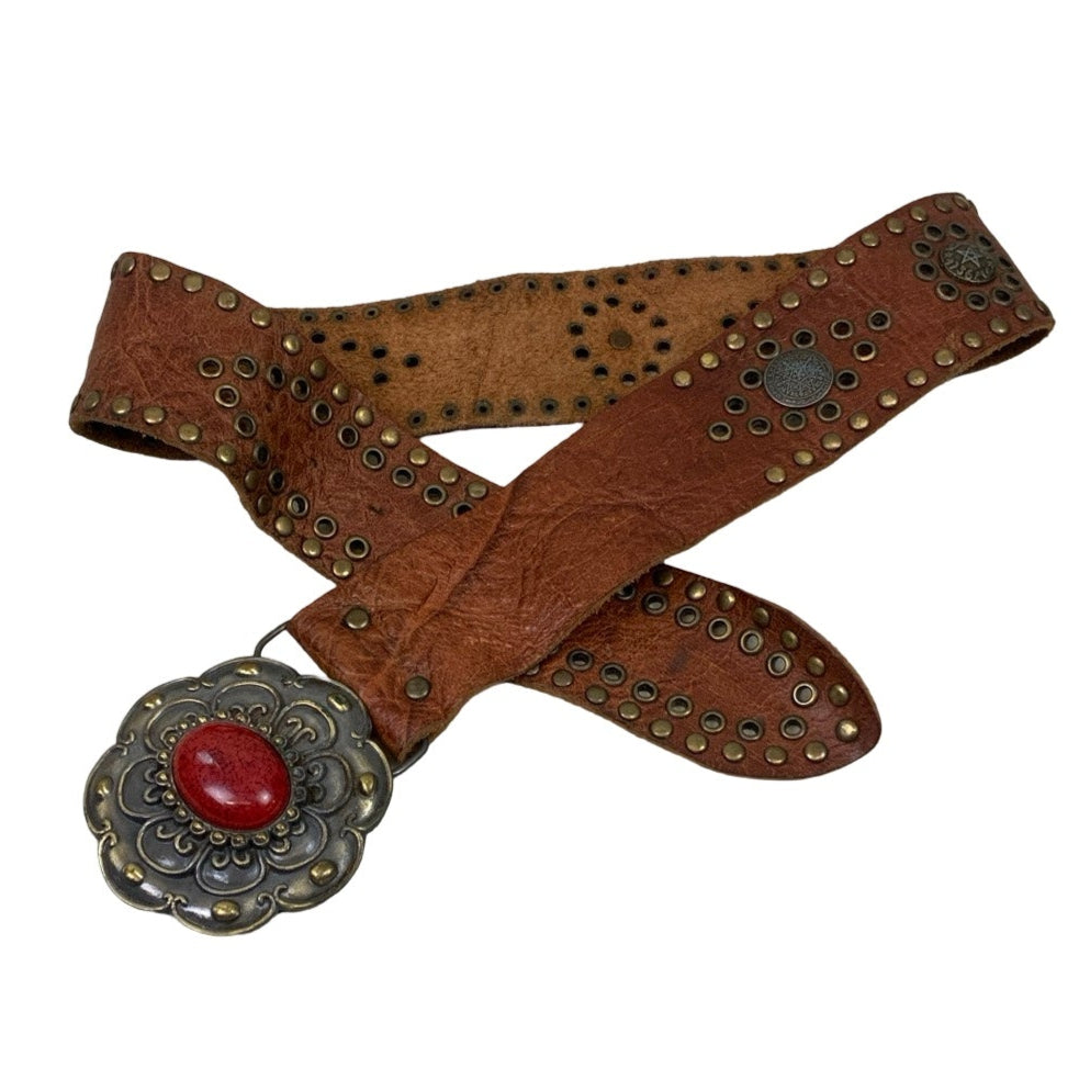Vintage 00s Y2k Brown Leather Studded Red Stone Metal Belt