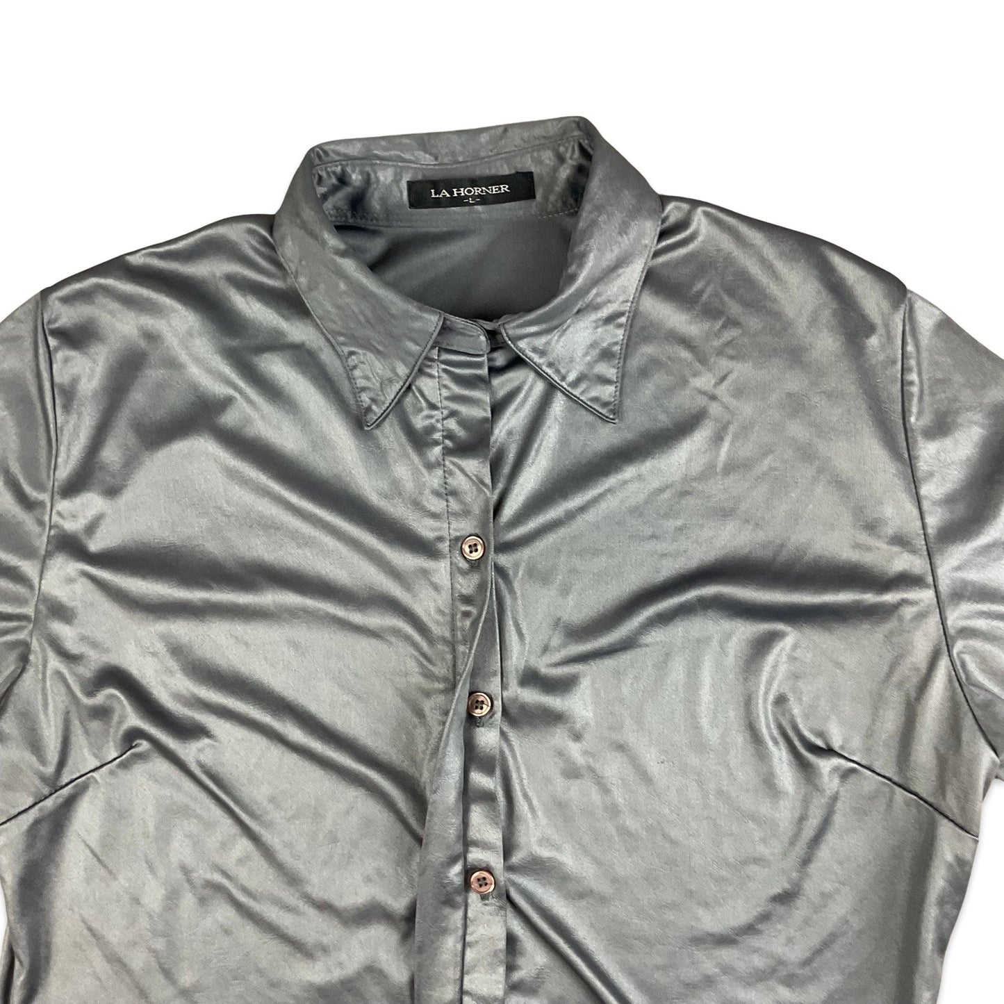 Vintage 90s Grey Silver Metallic Fitted Blouse 10 12 14
