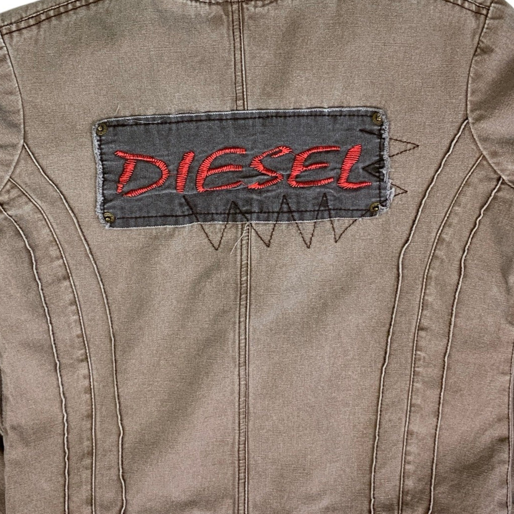 Vintage RARE 90s ‘Diesel’ Brown Grey Embroidered Bomber Denim Jacket UK 6 8 10 S