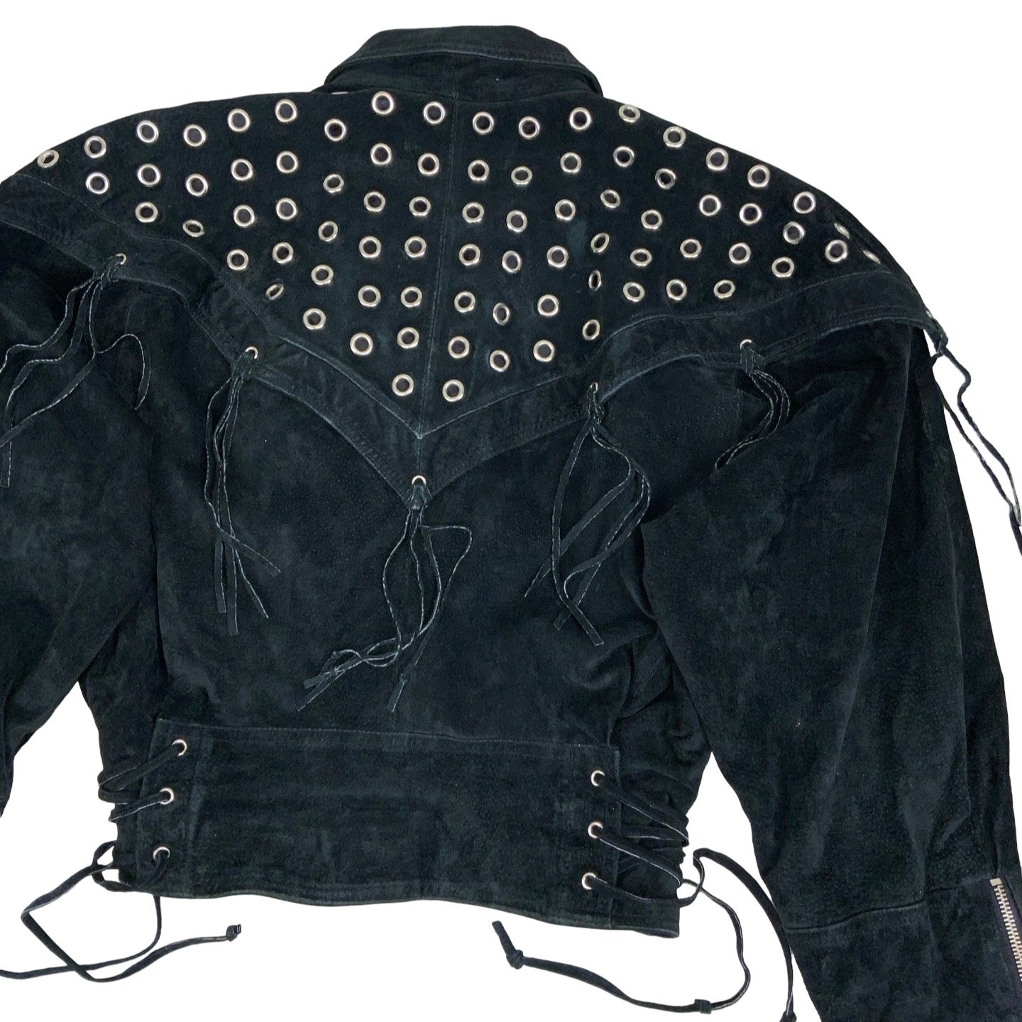 Vintage 90s ‘Yessica’ Black Suede Punk Tassel Studded Leather Jacket 12 14