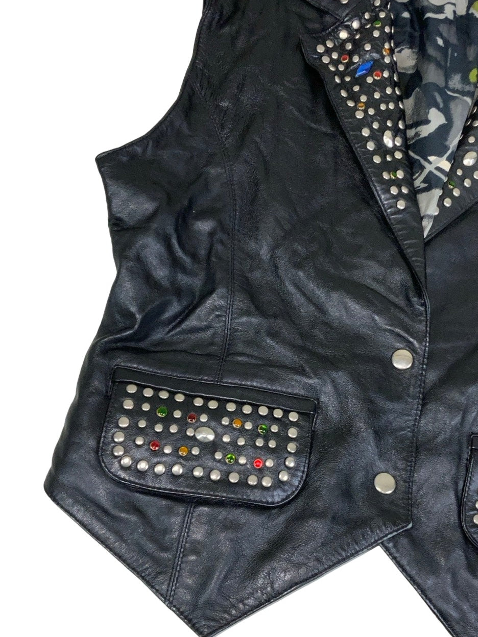 Vintage 80s 90s Black Punk Studded Leather Waistcoat 14 16
