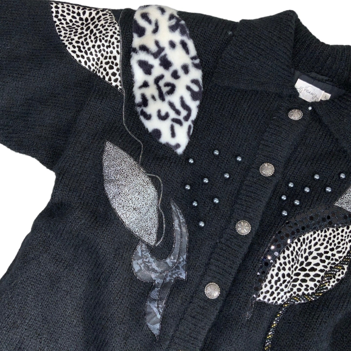 Vintage ‘G. Pisano’ Black Animal Print Beaded Cardigan L 14 16