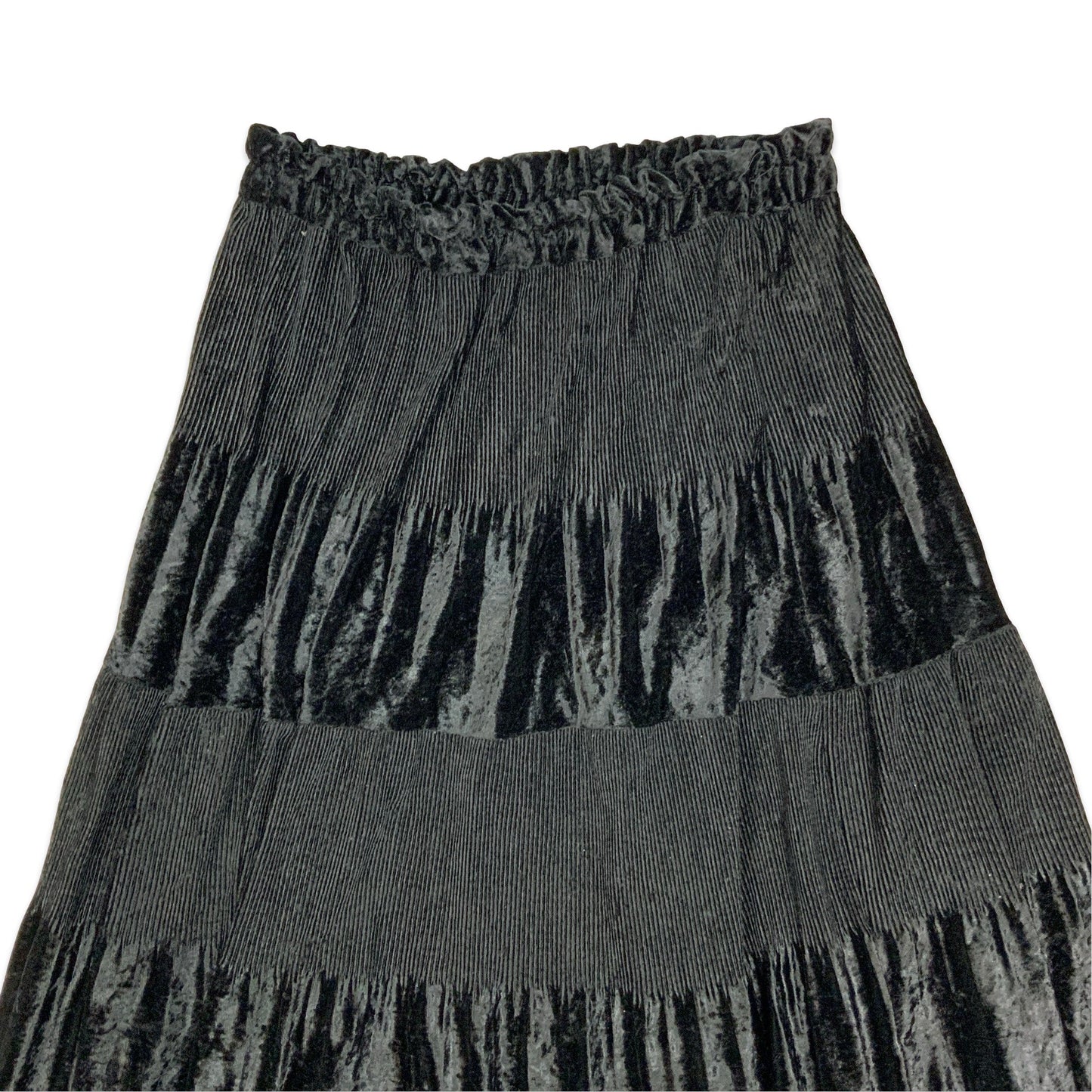 90s Black Velvet Tiered Pleated Maxi Skirt 10-18