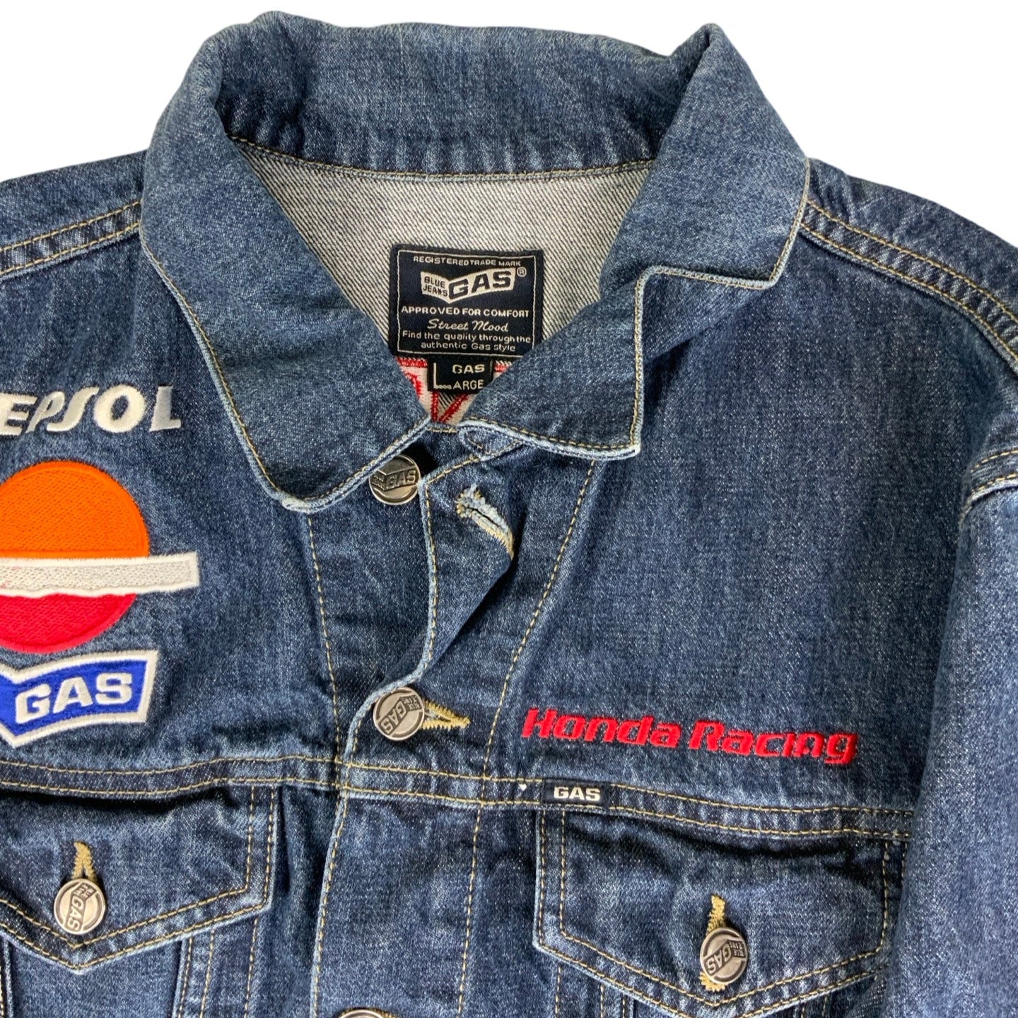 Vintage 90s Blue Jeans GAS Honda Embroidered Denim Jacket S M