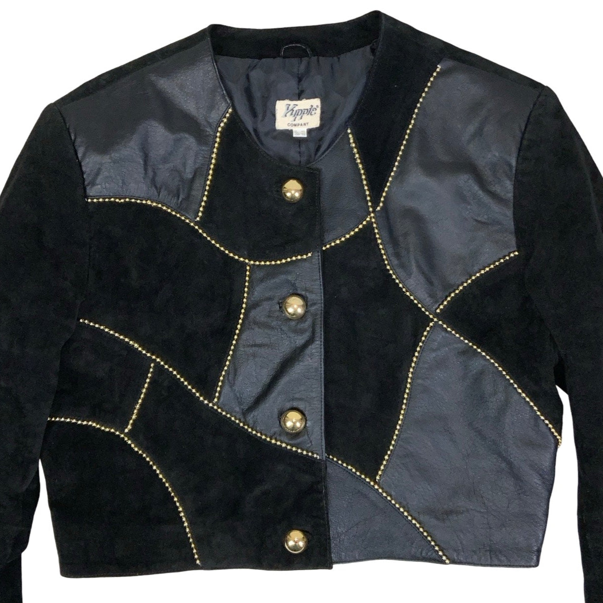 Vintage 80s ‘Kippie Company’ Black Patchwork Beaded Statement Crop Suede Leather Jacket 14 16
