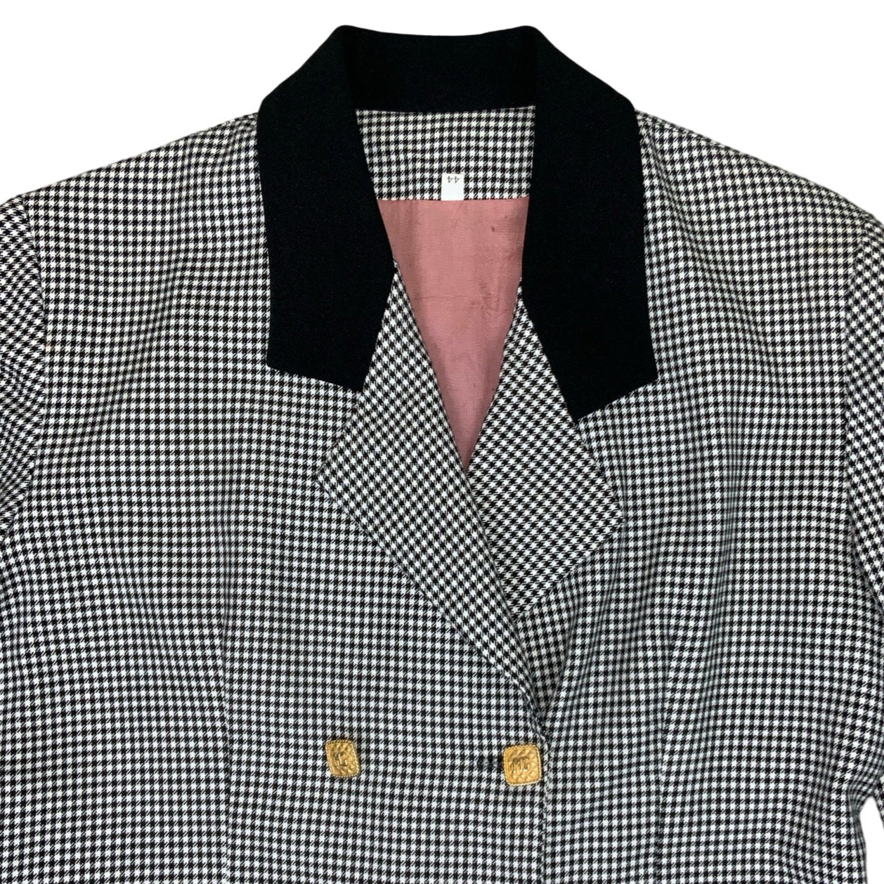 Vintage 70s 80s Double Breasted Gold Button Black White Check Houndstooth Blazer Jacket S 12 14