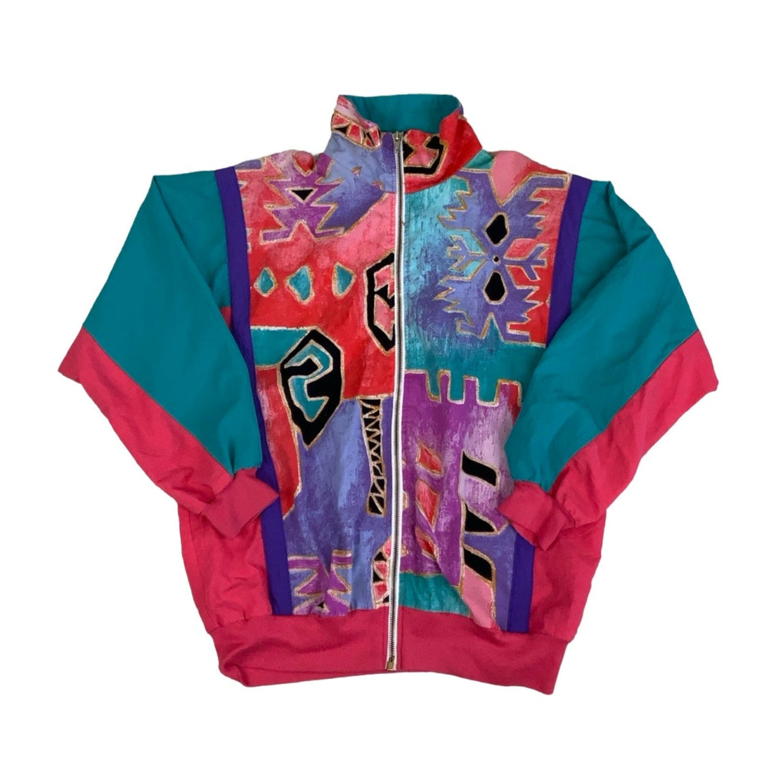 Vintage 80s 90s ‘Silver Threads’ Green Pink Purple Crazy Patterned Windbreaker Bomber Jacket M L