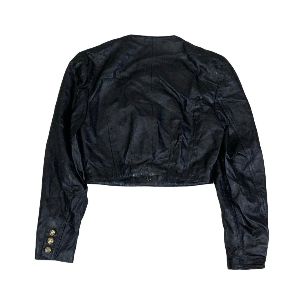 Vintage 80s 90s ‘Mondi’ Black Gold Beaded Crop Leather Jacket 10 12