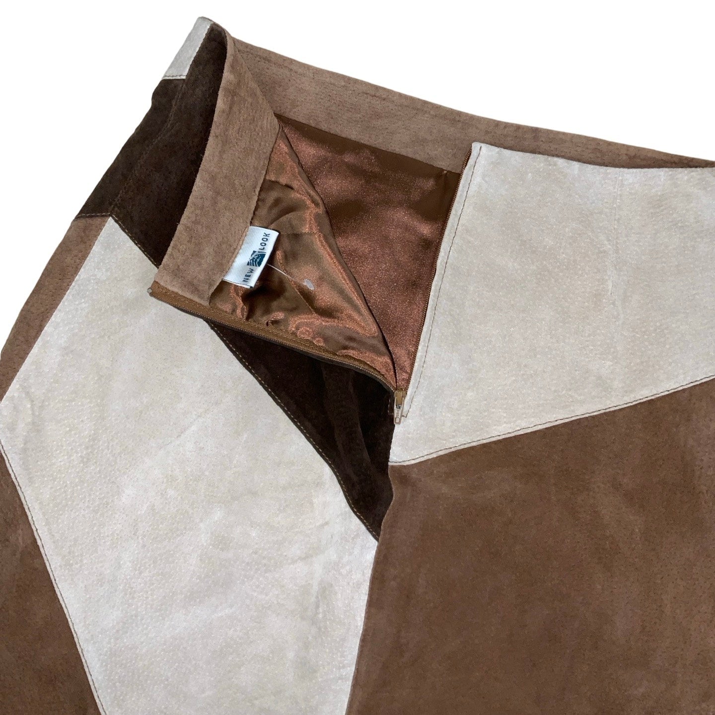 Vintage 90s Y2k ‘New Look’ Cream Brown Beige Boho Patchwork Suede Leather Midi Skirt 12 14