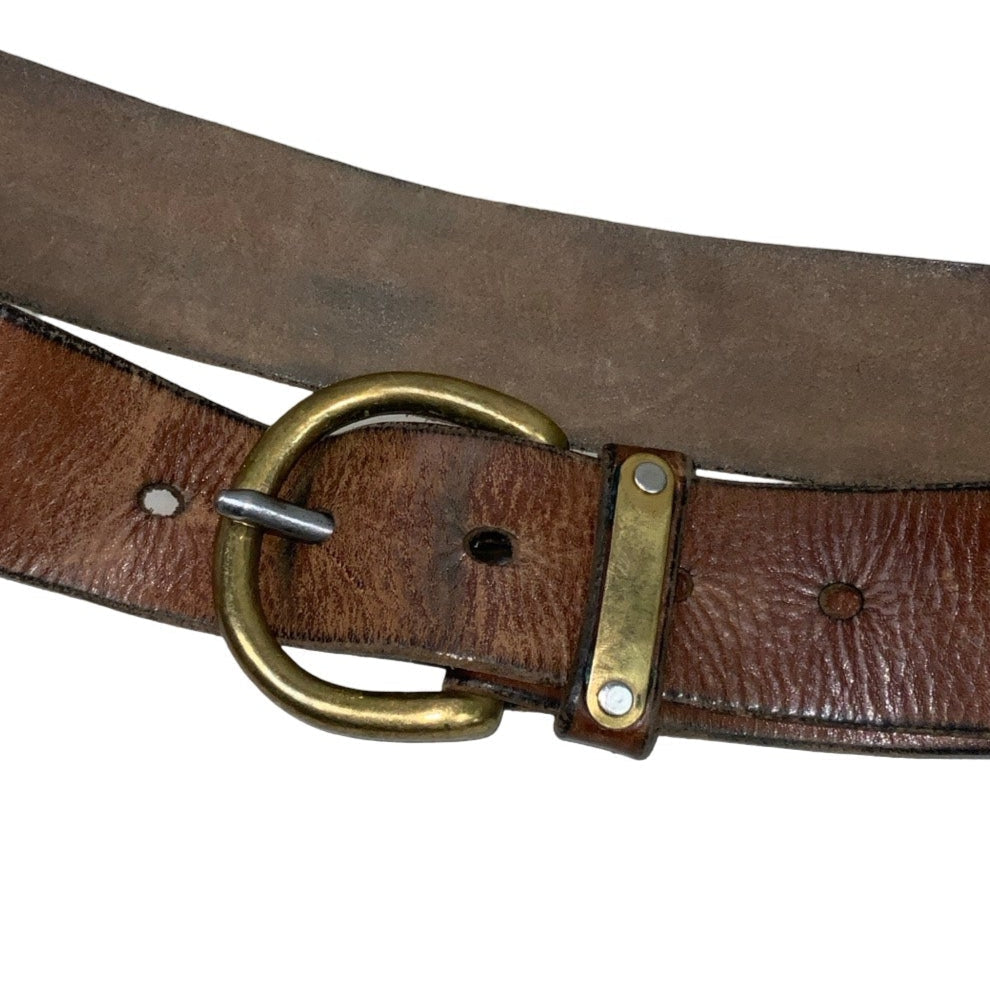 Vintage 80s 90s Brown Leather Gold Buckle Belt