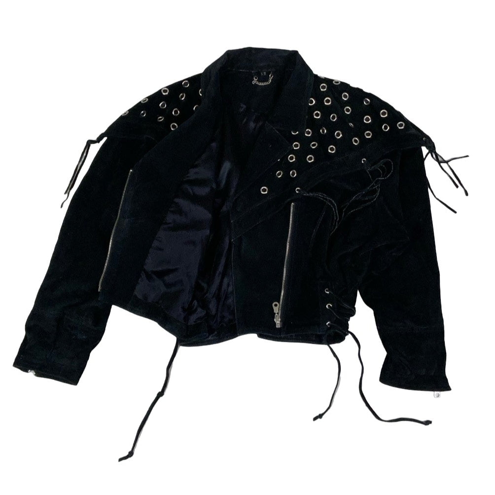 Vintage 90s ‘Yessica’ Black Suede Punk Tassel Studded Leather Jacket 12 14