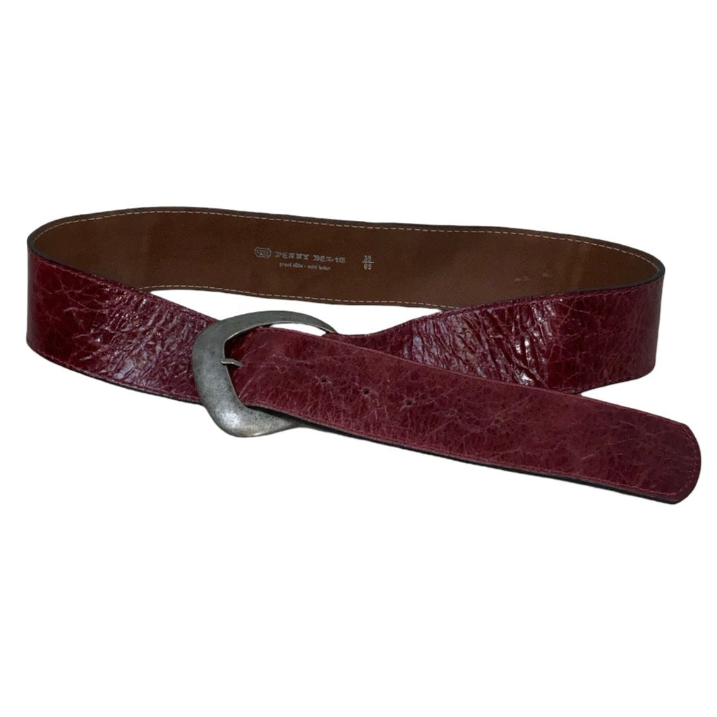 Vintage 80s 90s 'Penny Belts' Red Textured Leather Asymmetric Square Buckle Belt