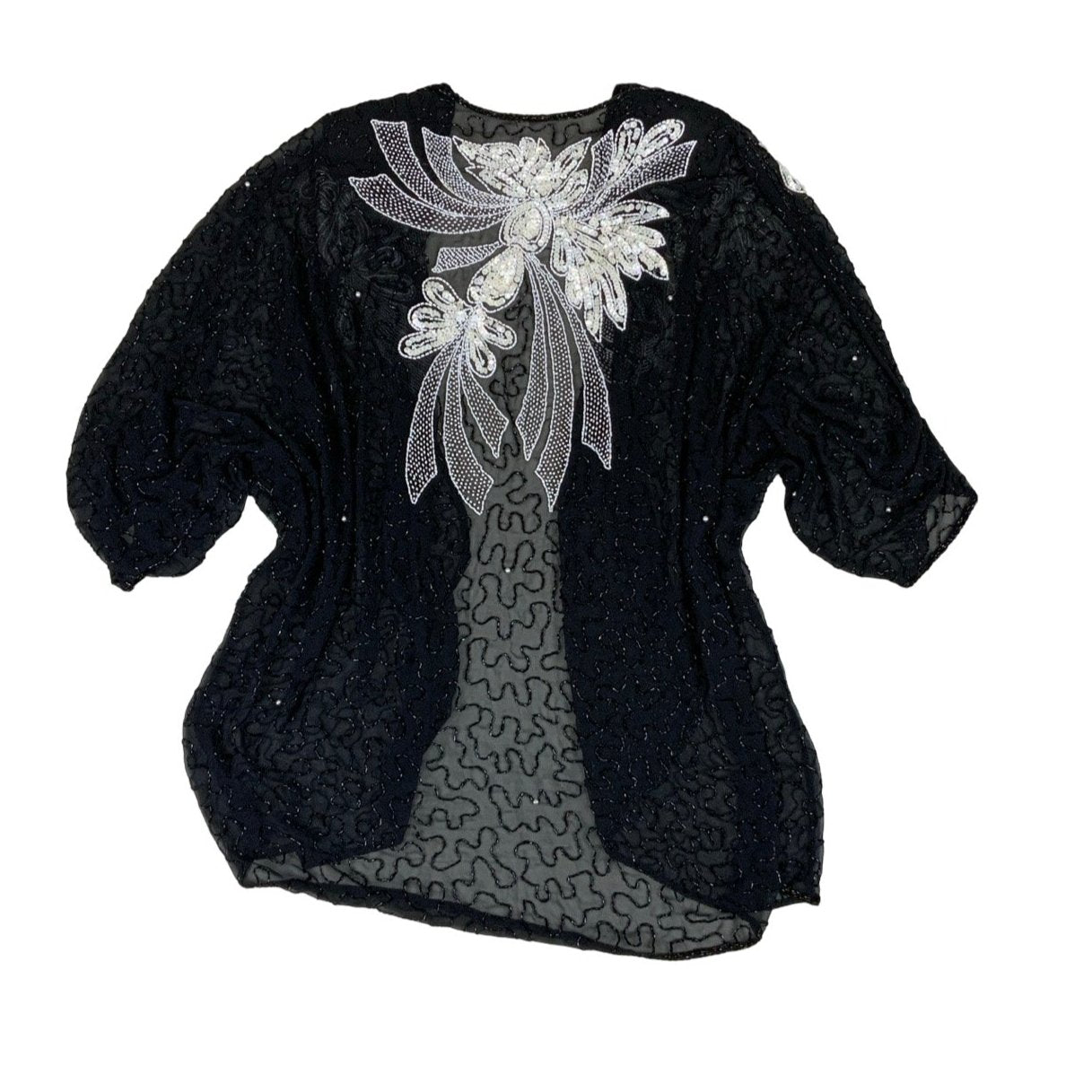 Vintage Black Sheer Beaded White Bow Open Front Cardigan Jacket M L