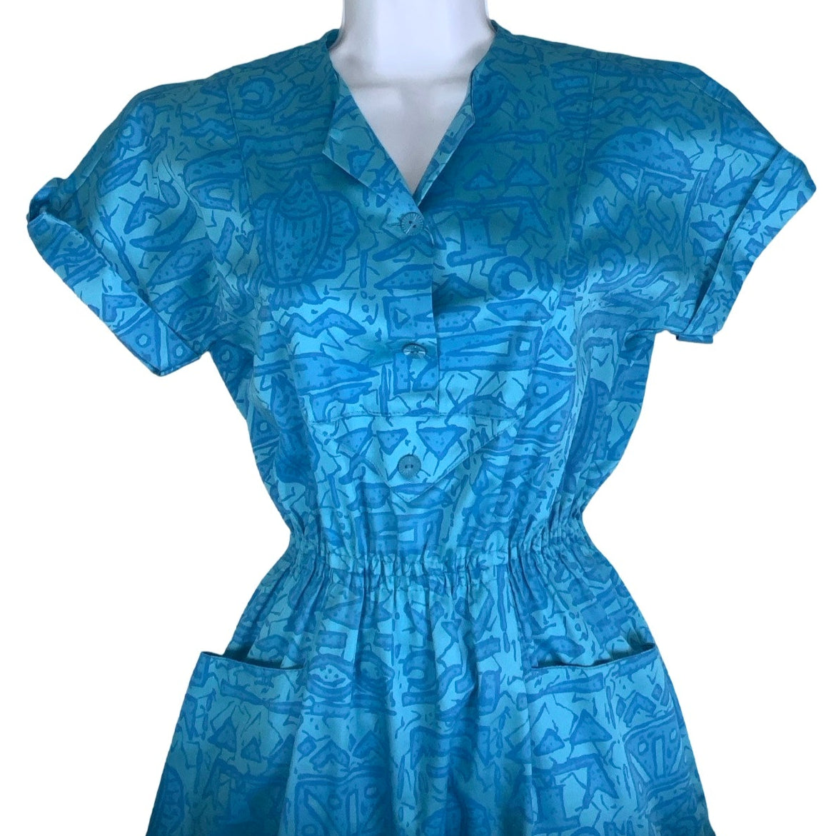 Vintage 80s ‘Lobey’ Blue Abstract Print Pockets Aline Summer Midi Dress 4 6
