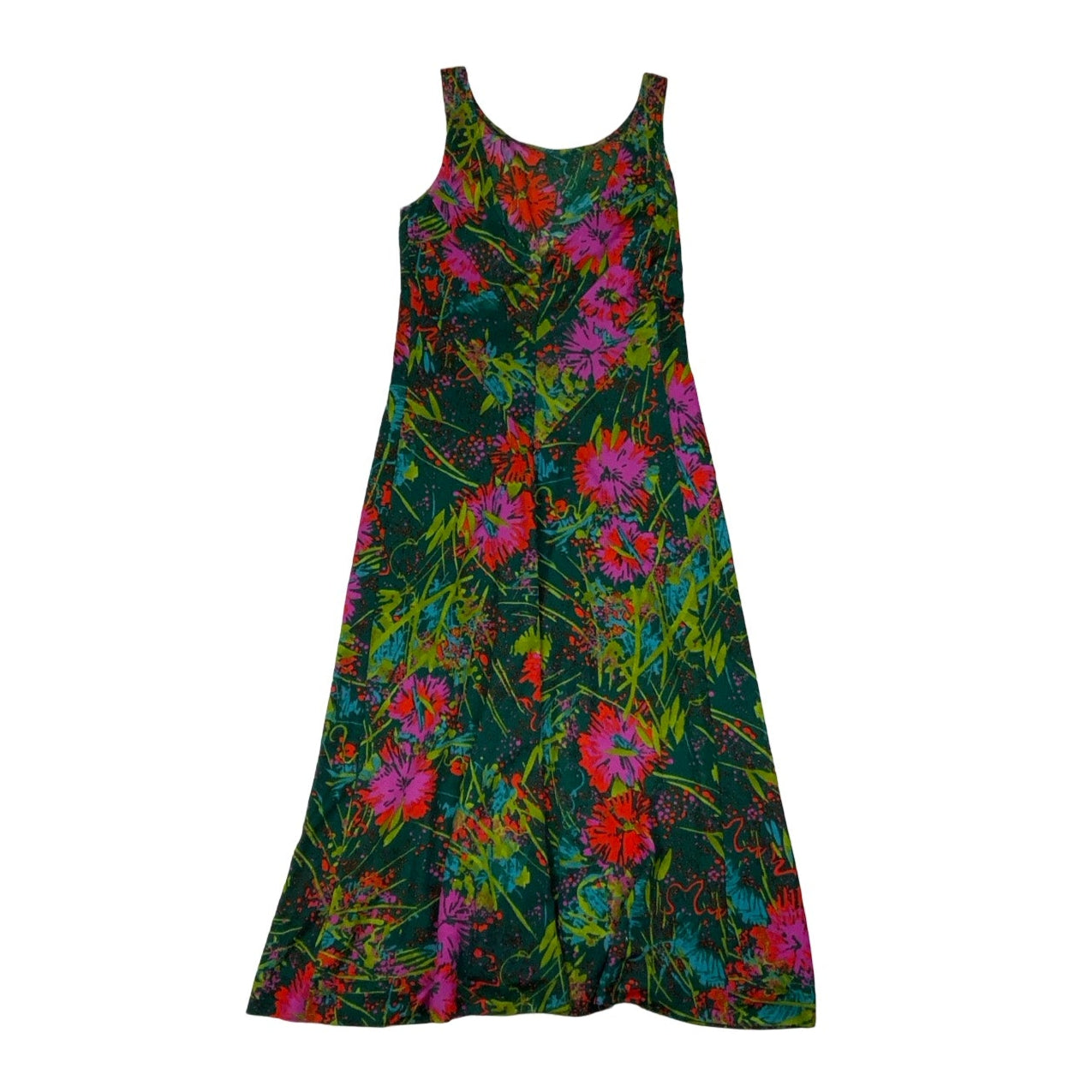 Vintage 70s 80s Green Pink Red Paint Splash Floral Sleeveless Maxi Dress 4 6 8 10