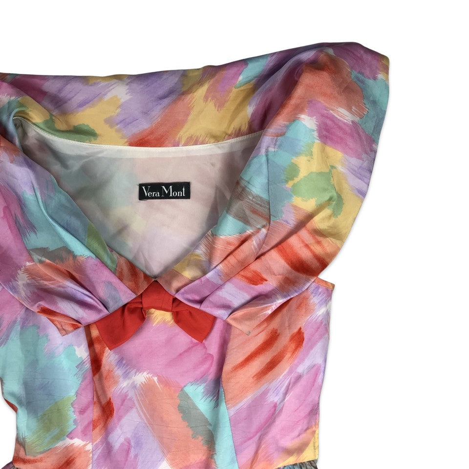 Vintage Vera Mont Pastel Dress Pink Red Blue 6 8