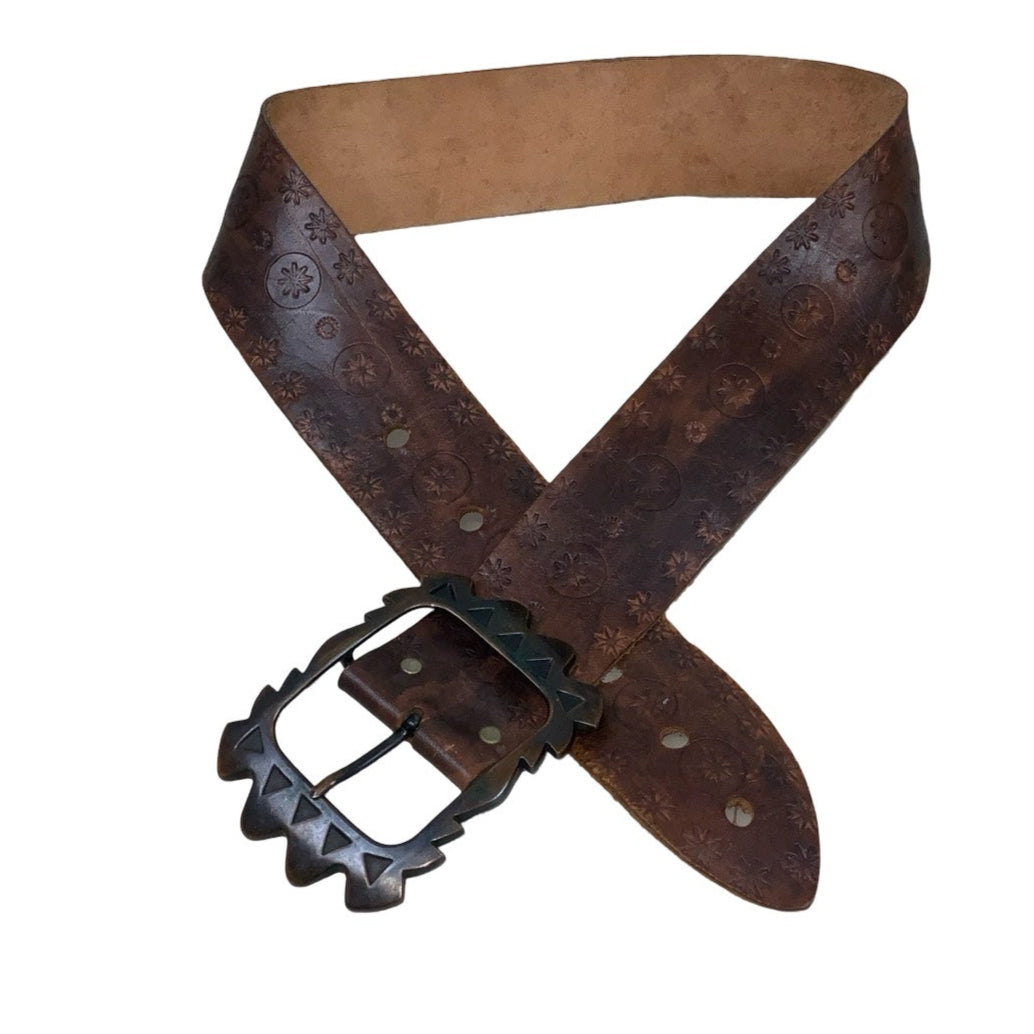 Vintage 80s 90s Brown Leather Floral Carved Geometric Buckle Belt