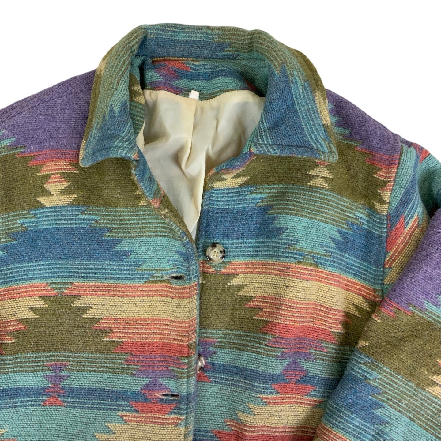 Vintage 90s Native Art Tribal Blue Green Red Aztek Navajo Tapestry Coat L XL