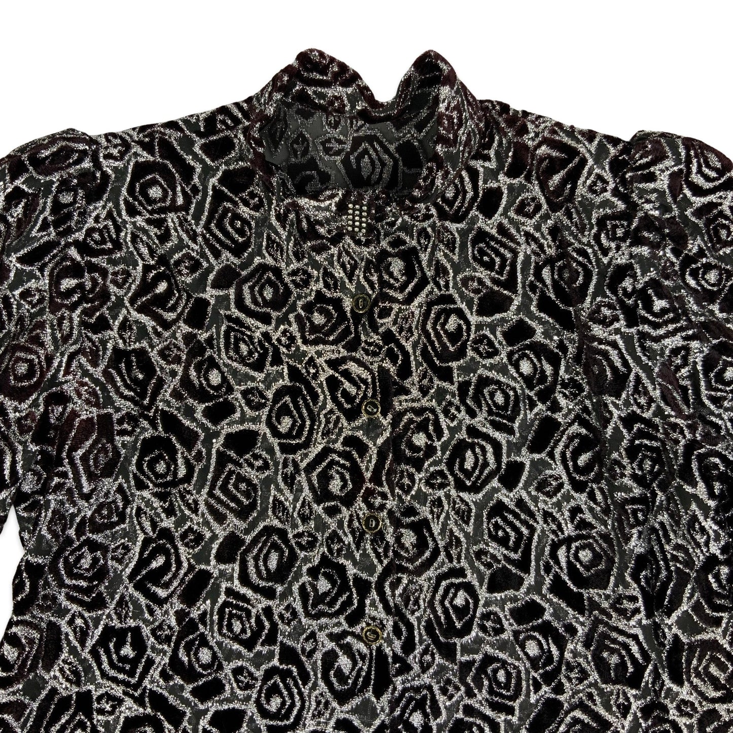 80s Sheer Black & Silver Floral Blouse 10 12 14 16
