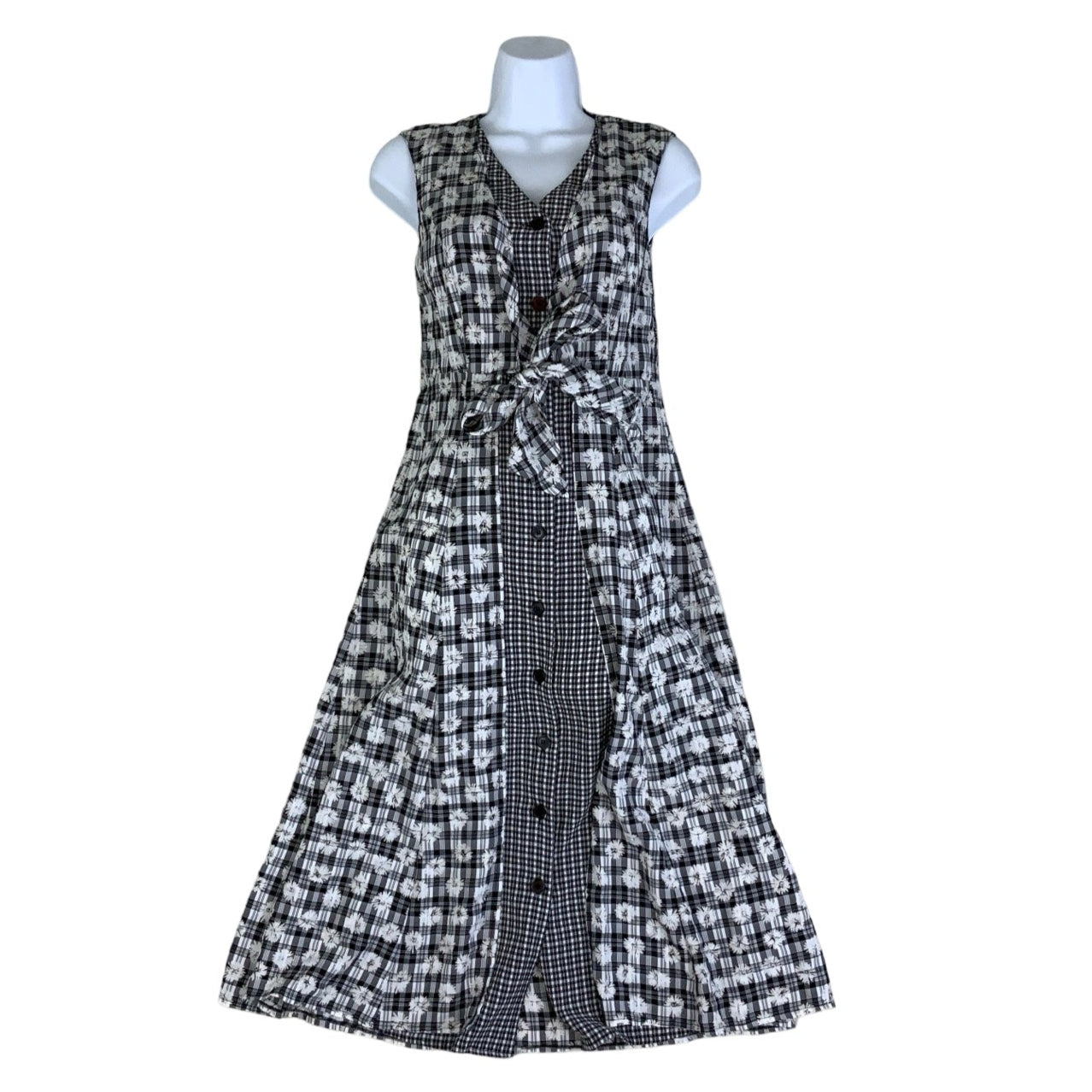 Vintage 90s Black White Floral Check Gingham Sleeveless Maxi Dress 8 10