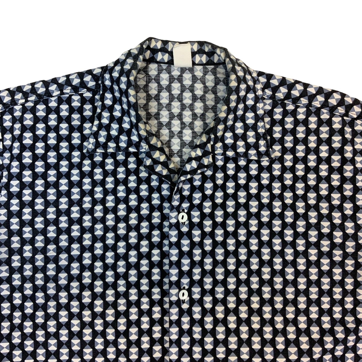 70s Blue & White Geometric Print Short Sleeve Shirt M L