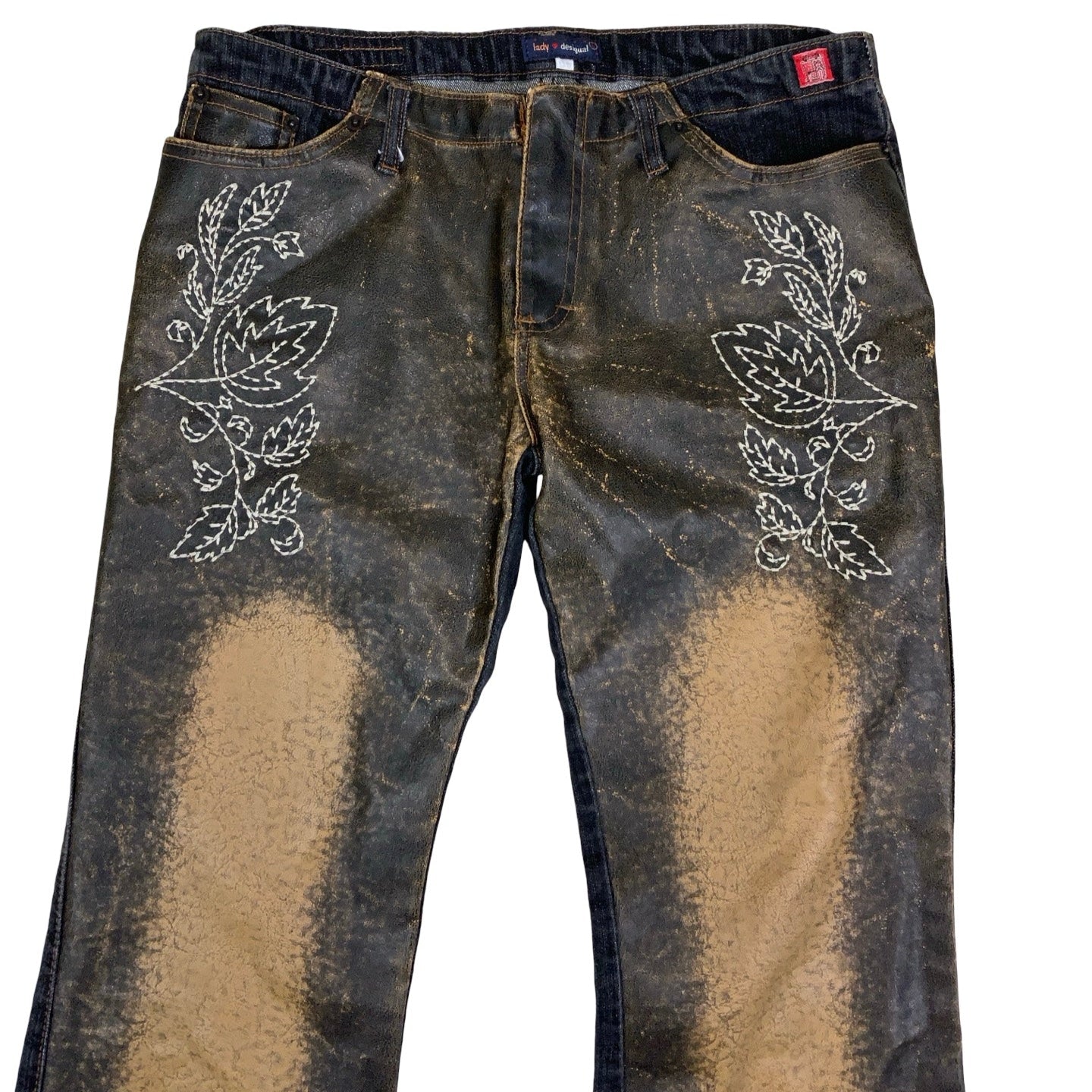 Vintage 90s Y2k ‘Desigual’ Leather Distressed Floral Patterned Denim Flared High Waisted Jeans 10 12