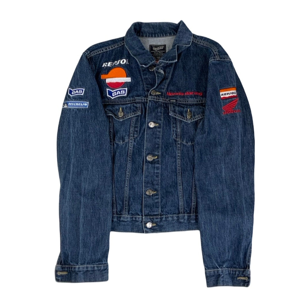 Vintage 90s Blue Jeans GAS Honda Embroidered Denim Jacket S M