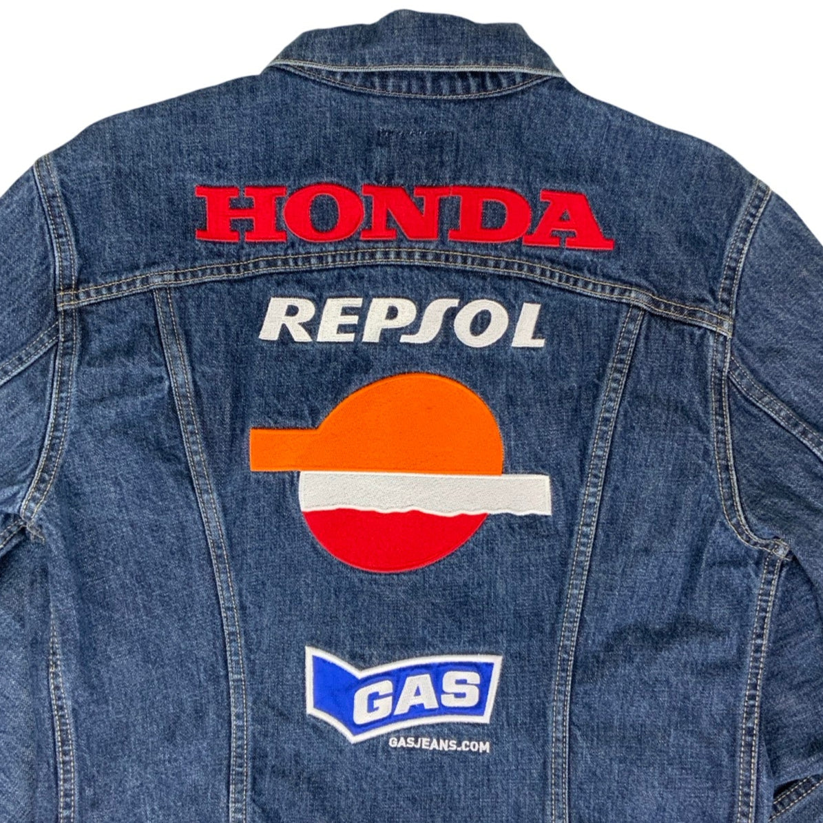 Vintage 90s Blue Jeans GAS Honda Embroidered Denim Jacket S M