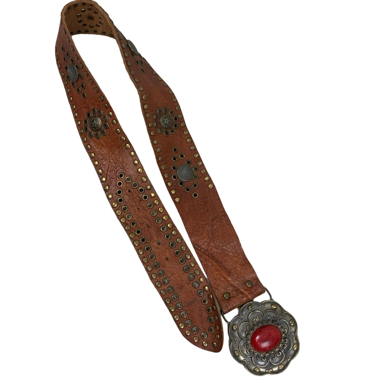 Vintage 00s Y2k Brown Leather Studded Red Stone Metal Belt