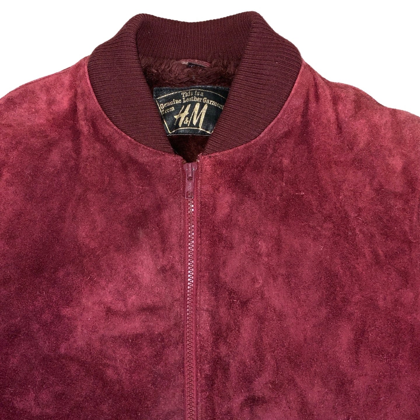 Vintage 80s 90s ‘H&M Hennes’ Burgundy Red Suede Leather Faux Fur Lined Bomber Biker Jacket 14 16